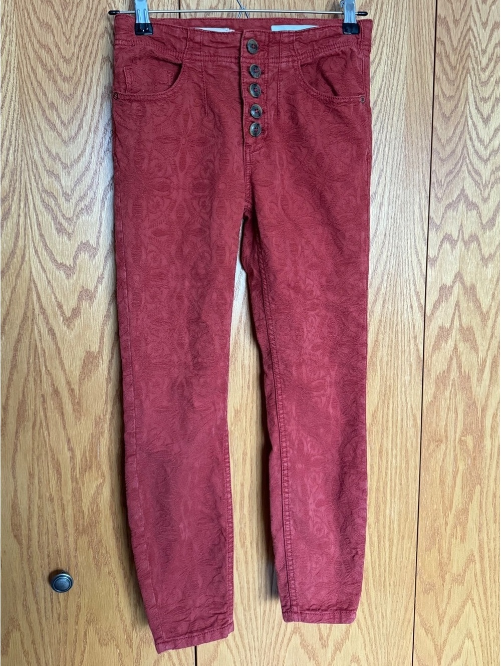 Pilcro Anthropologie High Rise Skinny Jeans 26P Rust Floral Jacquard Button Fly